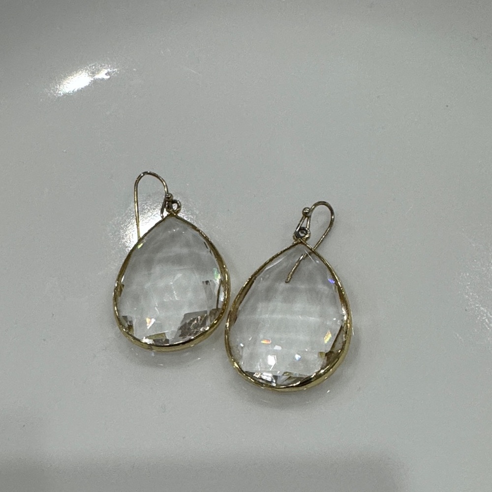 Anthropologie Clear Teardrop Crystal Drop Earrings with Gold Trim